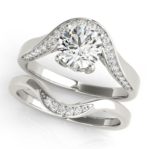 White gold Round Solitaire Diamond Engagement Ring with Pave Band and Four-Prong Setting