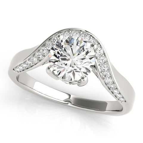 White gold Round Solitaire Diamond Engagement Ring with Pave Band and Four-Prong Setting