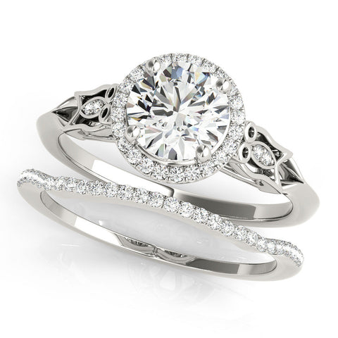 Silver Round Halo Diamond Engagement Ring with Filigree Band and Four-Prong Setting