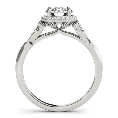 Silver Round Halo Diamond Engagement Ring with Filigree Band and Four-Prong Setting