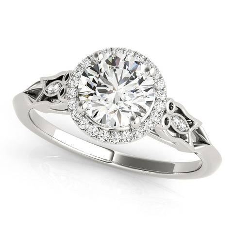 Silver Round Halo Diamond Engagement Ring with Filigree Band and Four-Prong Setting
