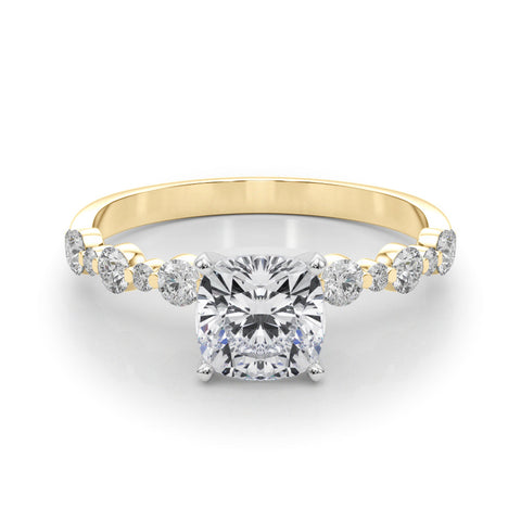 Yellow gold Cushion Diamond Prong Set Engagement Ring with Pave Band
