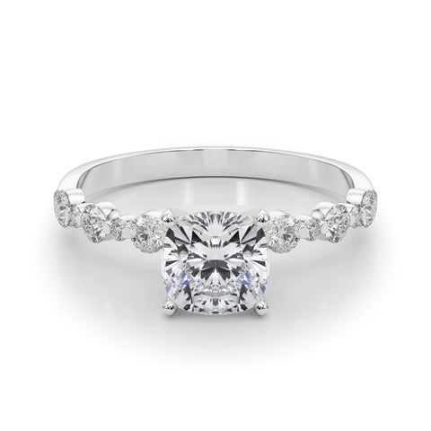 Platinum Cushion Diamond Prong Set Engagement Ring with Pave Band