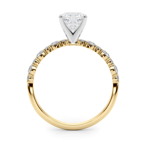 Yellow gold Cushion Diamond Prong Set Engagement Ring with Pave Band