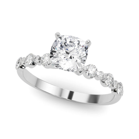 Platinum Cushion Diamond Prong Set Engagement Ring with Pave Band