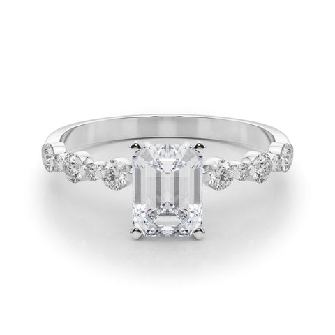 White gold Radiant Diamond Prong Set Engagement Ring with Pave Band