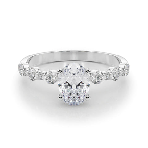 Silver Oval Diamond Prong Set Engagement Ring with Pave Band