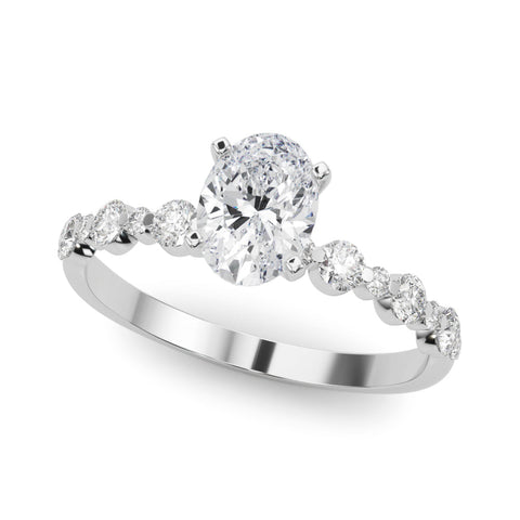 Silver Oval Diamond Prong Set Engagement Ring with Pave Band