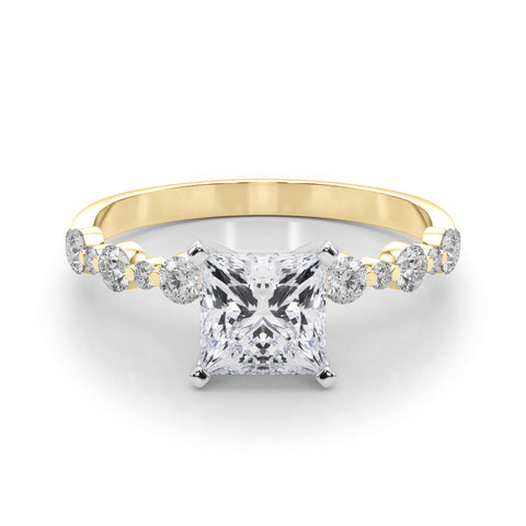 Yellow gold Princess Diamond Prong Set Engagement Ring with Pave Band