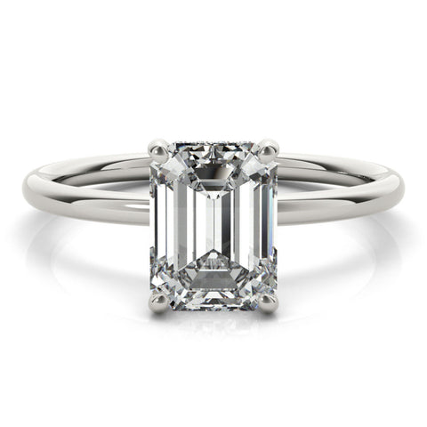 Platinum Emerald Cut Solitaire Engagement Ring with Four-Prong Setting and Classic Band