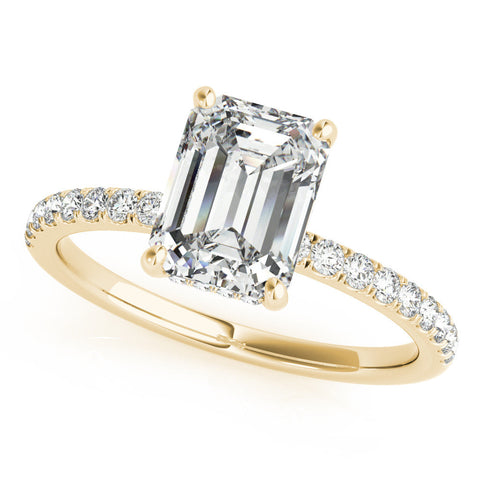 Yellow gold Radiant Cut Diamond Pave Band Solitaire Ring with Four-Prong Setting