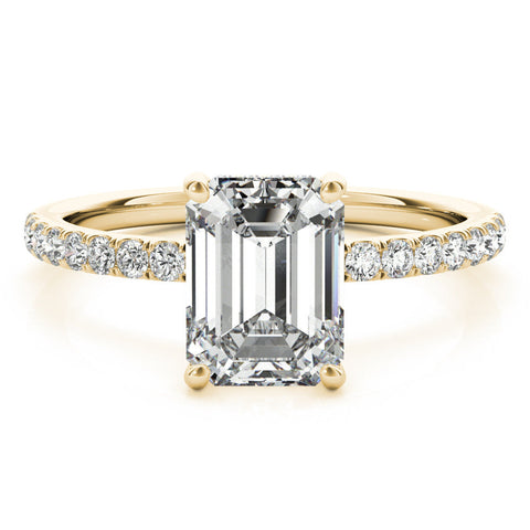 Yellow gold Emerald Cut Diamond Pave Band Solitaire Ring with Four-Prong Setting