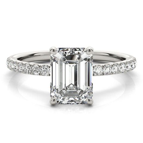 Platinum Emerald Cut Diamond Pave Band Solitaire Ring with Four-Prong Setting
