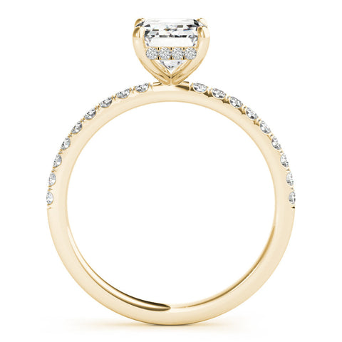 Yellow gold Emerald Cut Diamond Pave Band Solitaire Ring with Four-Prong Setting