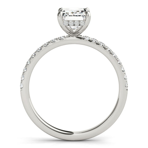 Platinum Emerald Cut Diamond Pave Band Solitaire Ring with Four-Prong Setting