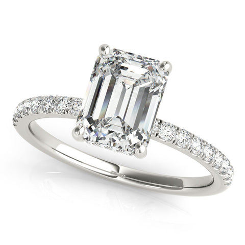 Platinum Emerald Cut Diamond Pave Band Solitaire Ring with Four-Prong Setting
