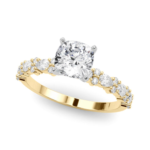 Yellow gold Cushion Solitaire with Side Stones, Pave Band, Four-Prong Setting