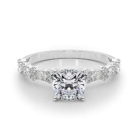 Silver Cushion Solitaire with Side Stones, Pave Band, Four-Prong Setting