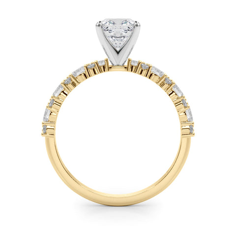 Yellow gold Cushion Solitaire with Side Stones, Pave Band, Four-Prong Setting