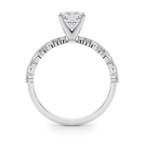 Silver Cushion Solitaire with Side Stones, Pave Band, Four-Prong Setting