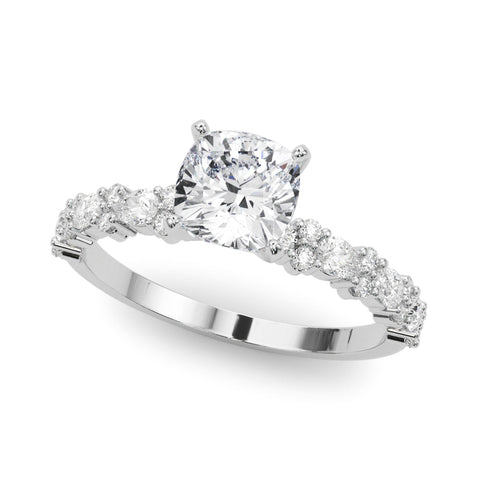 Silver Cushion Solitaire with Side Stones, Pave Band, Four-Prong Setting