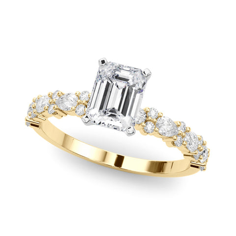 Yellow gold Radiant Solitaire with Side Stones, Pave Band, Four-Prong Setting