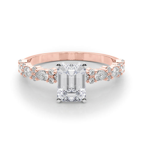 Rose gold Emerald Solitaire with Side Stones, Pave Band, Four-Prong Setting