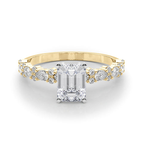 Yellow gold Radiant Solitaire with Side Stones, Pave Band, Four-Prong Setting