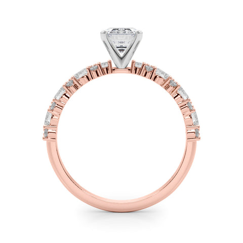Rose gold Emerald Solitaire with Side Stones, Pave Band, Four-Prong Setting