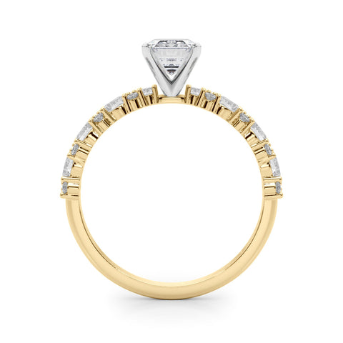 Yellow gold Radiant Solitaire with Side Stones, Pave Band, Four-Prong Setting