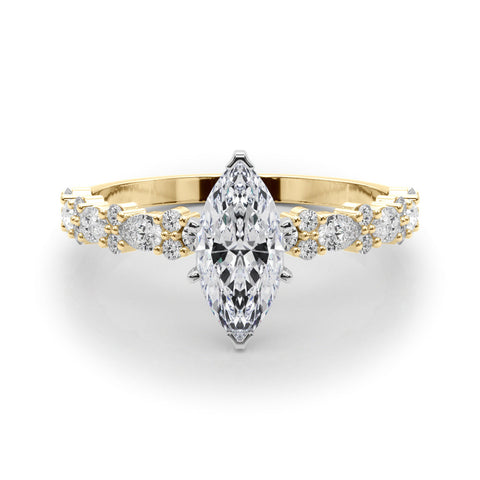 Yellow gold Marquise Solitaire with Side Stones, Pave Band, Four-Prong Setting
