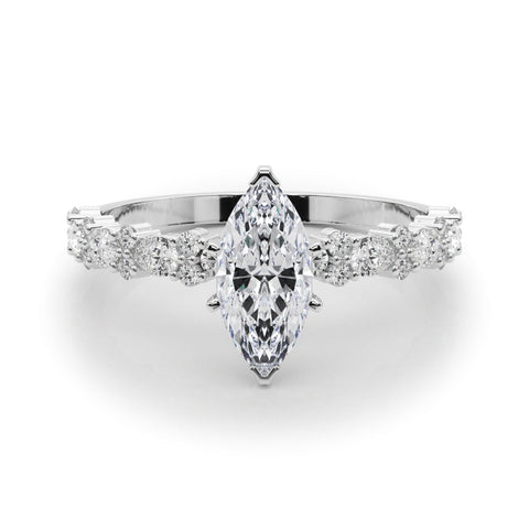 Platinum Marquise Solitaire with Side Stones, Pave Band, Four-Prong Setting