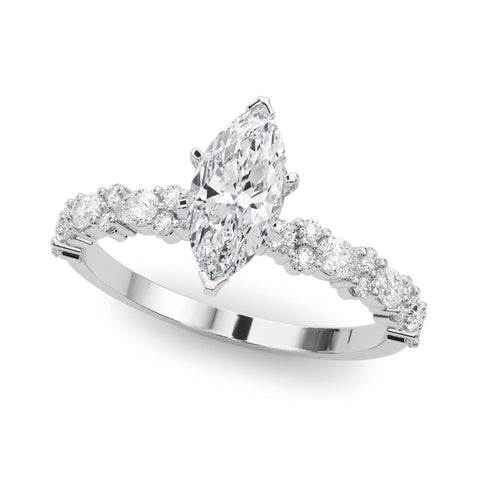 Platinum Marquise Solitaire with Side Stones, Pave Band, Four-Prong Setting