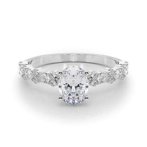 Platinum Oval Solitaire with Side Stones, Pave Band, Four-Prong Setting