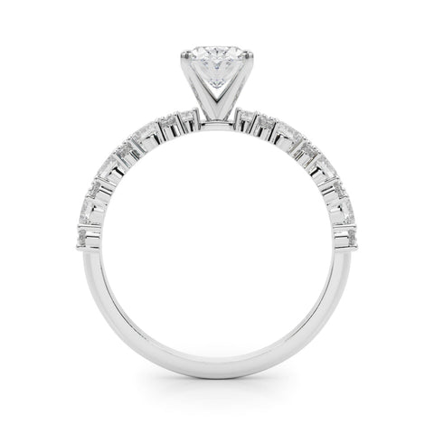 Platinum Oval Solitaire with Side Stones, Pave Band, Four-Prong Setting