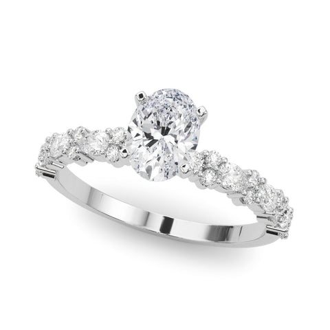 White gold Oval Solitaire with Side Stones, Pave Band, Four-Prong Setting