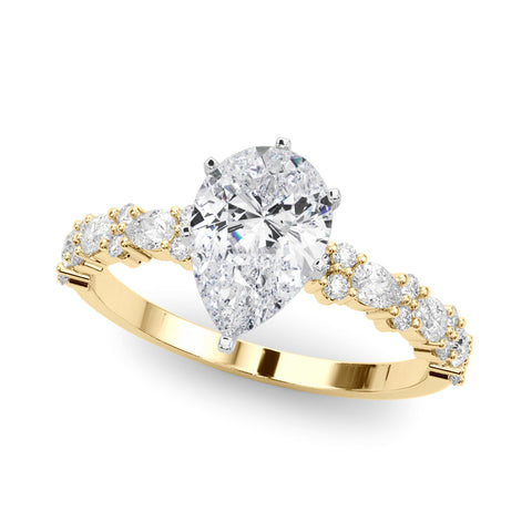 Yellow gold Pear Solitaire with Side Stones, Pave Band, Four-Prong Setting