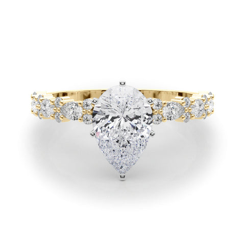 Yellow gold Pear Solitaire with Side Stones, Pave Band, Four-Prong Setting