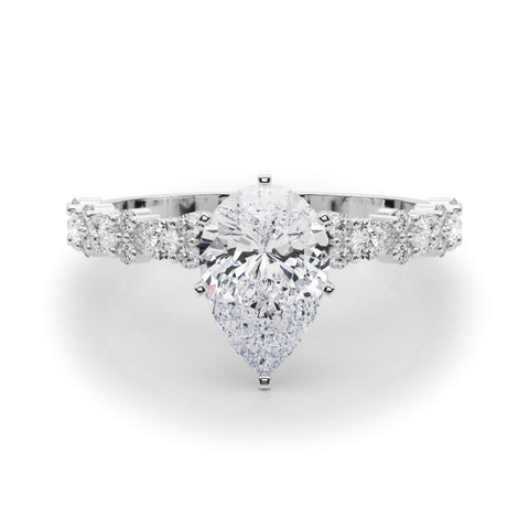 White gold Pear Solitaire with Side Stones, Pave Band, Four-Prong Setting
