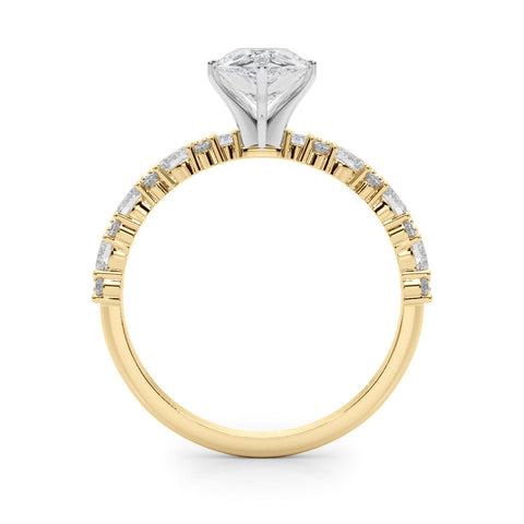 Yellow gold Pear Solitaire with Side Stones, Pave Band, Four-Prong Setting