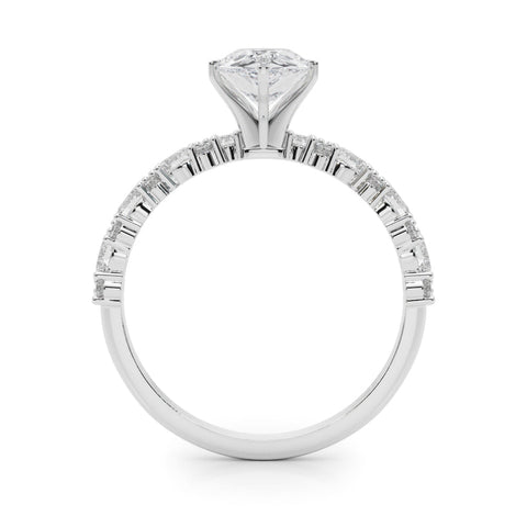 White gold Pear Solitaire with Side Stones, Pave Band, Four-Prong Setting