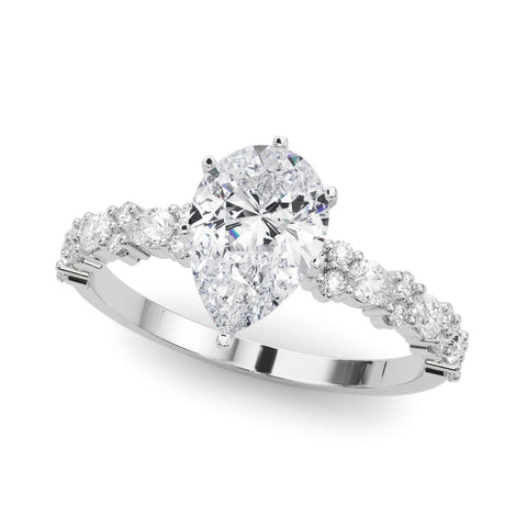 White gold Pear Solitaire with Side Stones, Pave Band, Four-Prong Setting