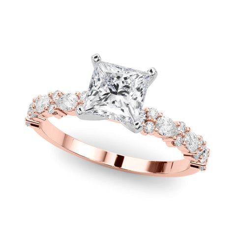 Rose gold Princess Solitaire with Side Stones, Pave Band, Four-Prong Setting