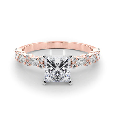 Rose gold Princess Solitaire with Side Stones, Pave Band, Four-Prong Setting