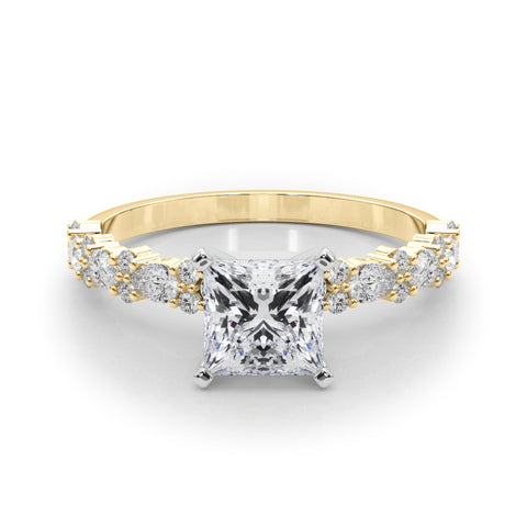 Yellow gold Princess Solitaire with Side Stones, Pave Band, Four-Prong Setting