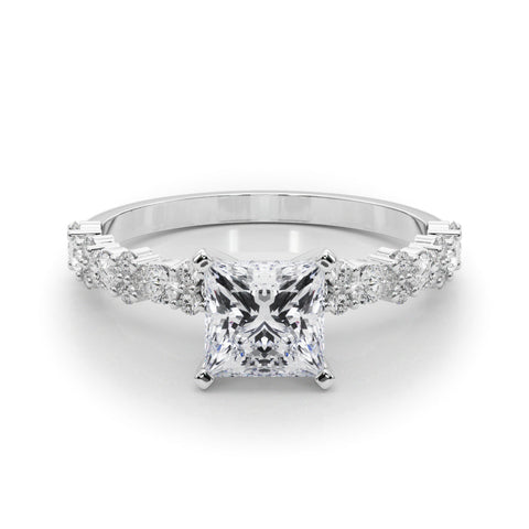 Silver Princess Solitaire with Side Stones, Pave Band, Four-Prong Setting