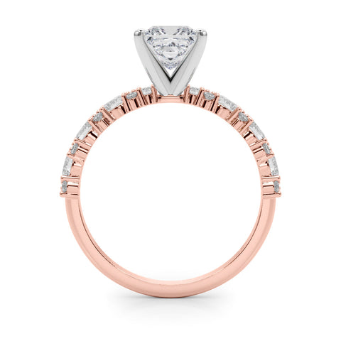 Rose gold Princess Solitaire with Side Stones, Pave Band, Four-Prong Setting