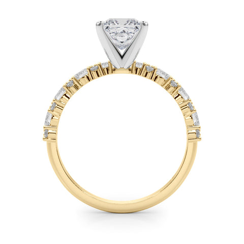 Yellow gold Princess Solitaire with Side Stones, Pave Band, Four-Prong Setting