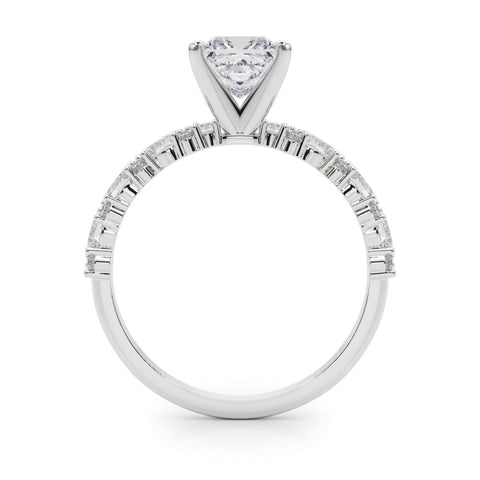 Silver Princess Solitaire with Side Stones, Pave Band, Four-Prong Setting