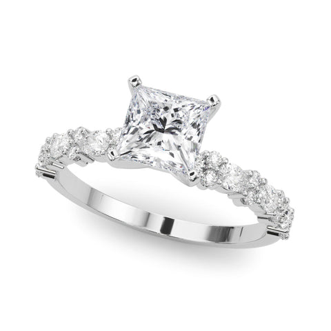 Silver Princess Solitaire with Side Stones, Pave Band, Four-Prong Setting